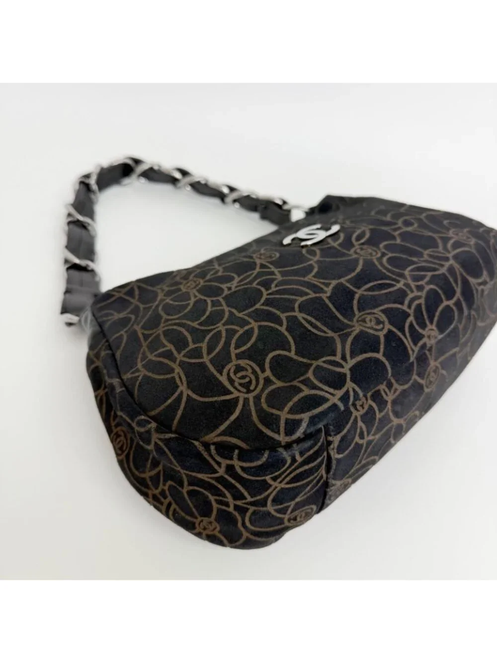 Chanel Camellia Print CC Logo Chain Shoulder Bag Suede Leather Black Silver